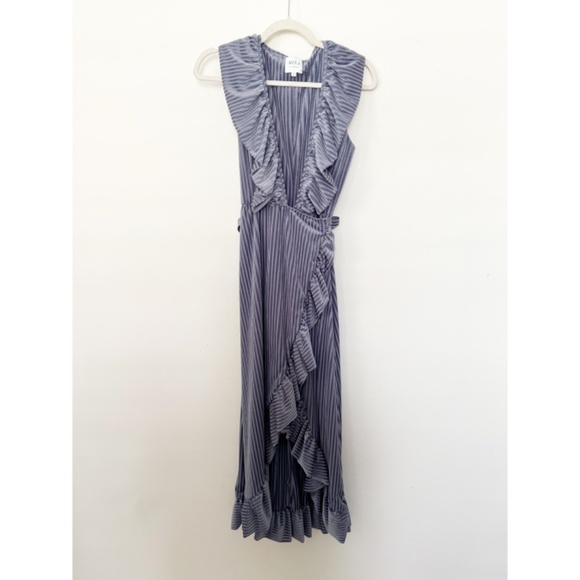 MISA Eve Pinstripe Velvet Ruffle Ribbed Wrap Midi Dress Lilac Blue S - Picture 4 of 10